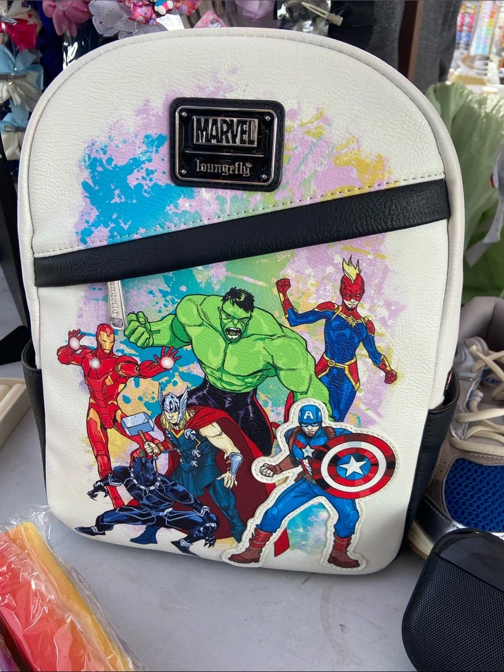 Loungefly Kids White Marvel Superhero Backpack with Multicolor Graphics
